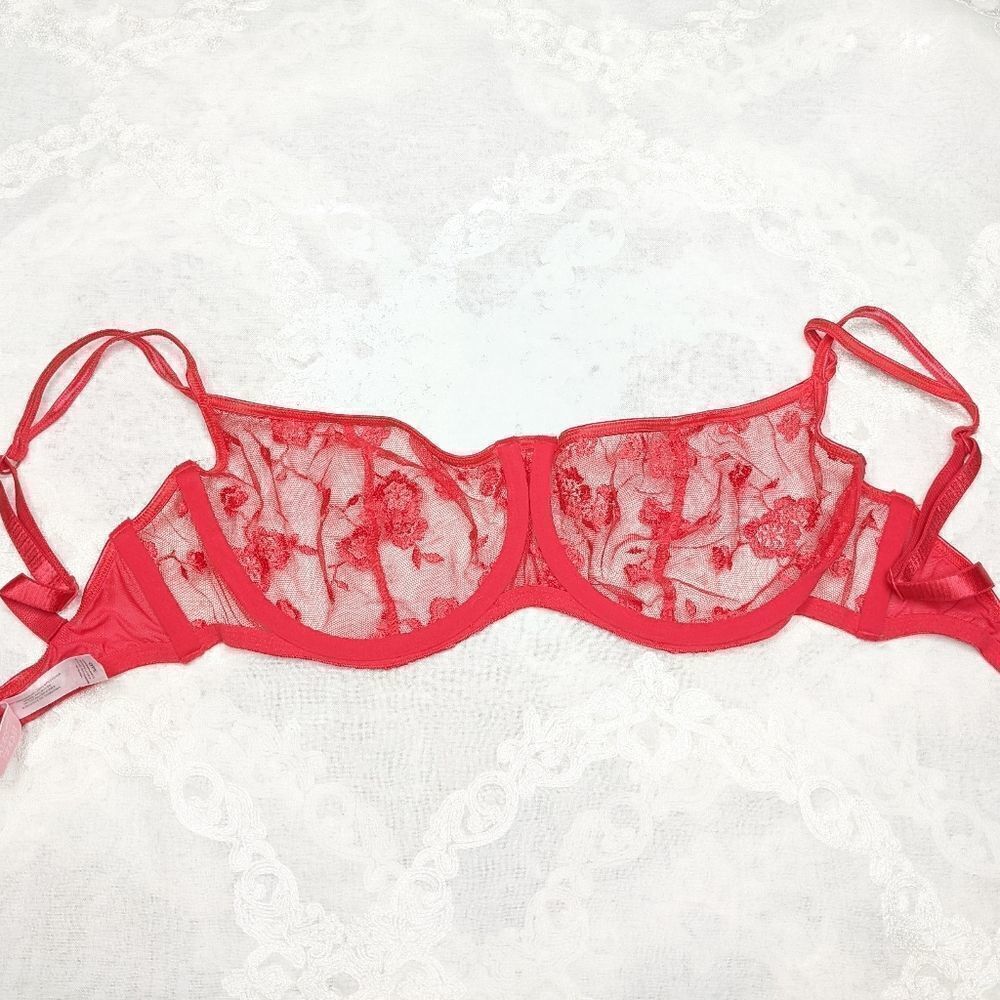 Victoria's Secret Red Lace Bra Mesh Sheer Floral Embroidered 34D Y2K Vintage - Picture 7 of 7
